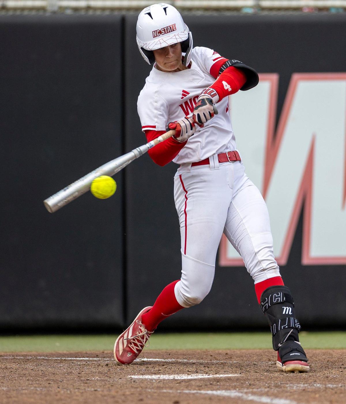 N.C. State outfielder Tori Ensley (4) connects for a single in the bottom of the fourth inning against Duke on Friday, April 25, 2025 at Dail Softball Stadium in Raleigh, N.C.