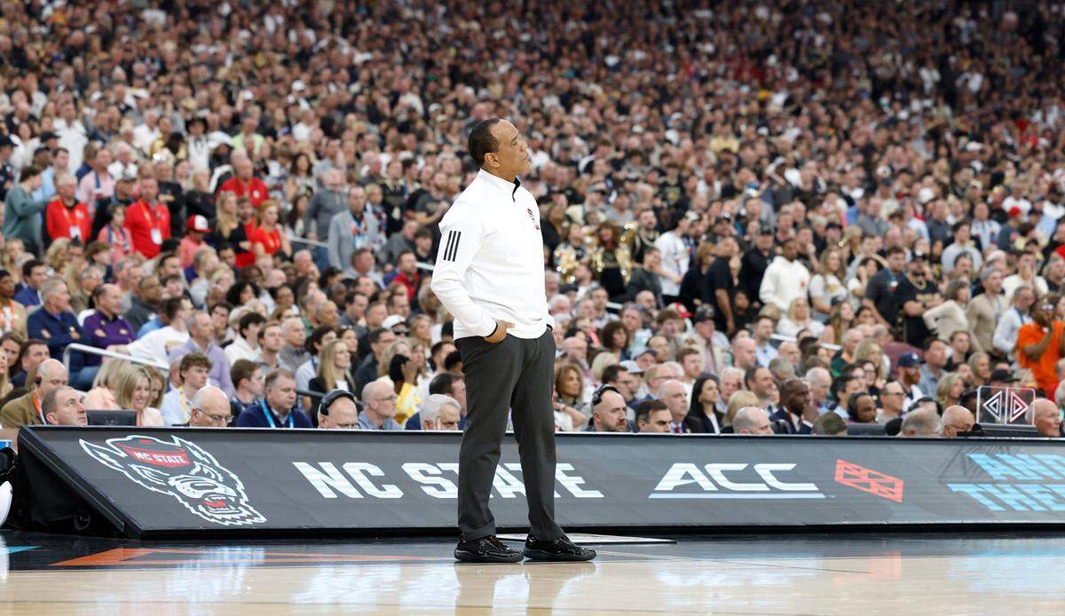 N.C. State head coach Kevin Keatts reacts during the first half of N.C. State’s game against Purdue in the NCAA Tournament national semfinals at State Farm Stadium in Glendale, Ariz., Saturday, April 6, 2024.