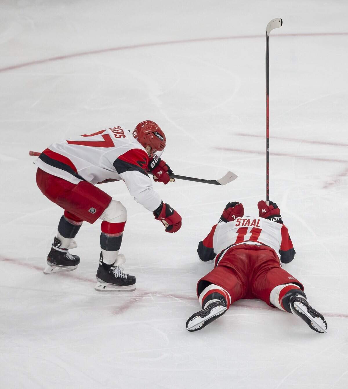 Carolina Hurricanes left wing Nikolaj Ehlers  (27) skates to center Jordan Staal (11), after Staal scored to take a 4-3 lead over Vegas in the third period of Game 4 of the Stanley Cup Final, on Tuesday, June 9, 2026 in Las Vegas, NV.
