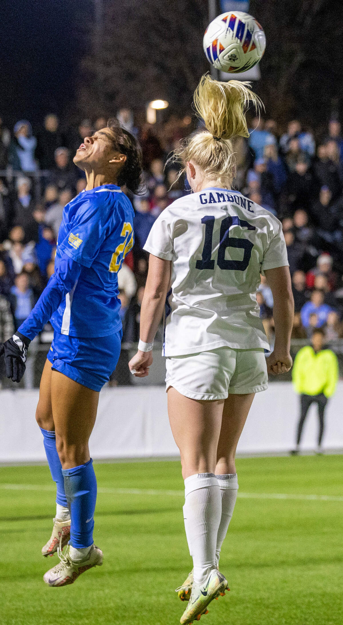 UNC-Chapel Hill’s Aleigh Gambone (16) and UCLA’s Maricarmen Reyes (24) battle for the ball during the NCAA Division I Championship at WakeMed Soccer Park in Cary Monday, Dec. 5, 2022. UCLA won 3-2 in overtime.