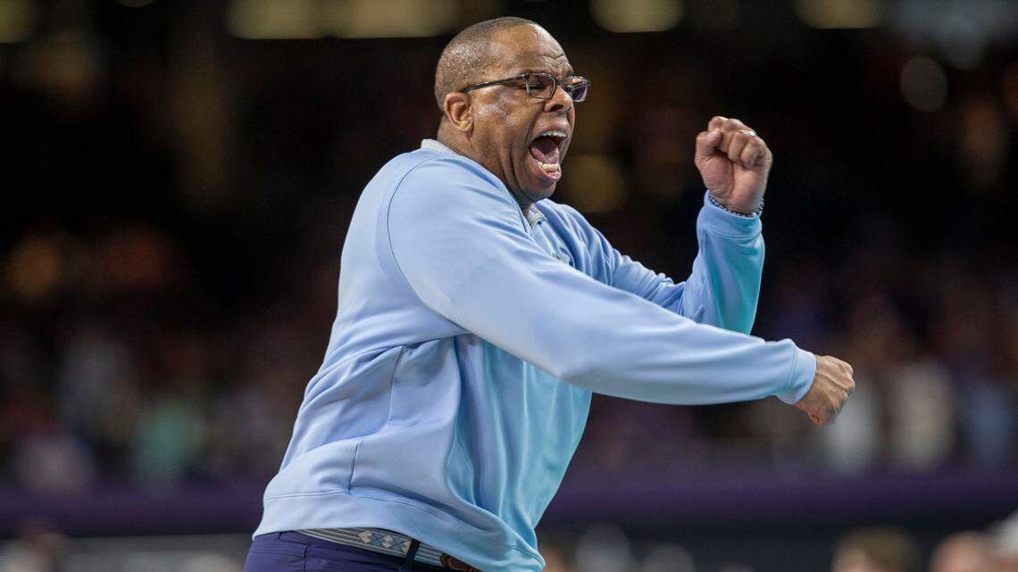 North Carolina head coach Hubert Davis reacts after R.J. Davis drew a foul from Kansas’ Remy Martin with the score tied 57-57 in the second half during the NCAA Championship game on Monday, April 4, 2022 at Caesars Superdome in New Orleans, La.