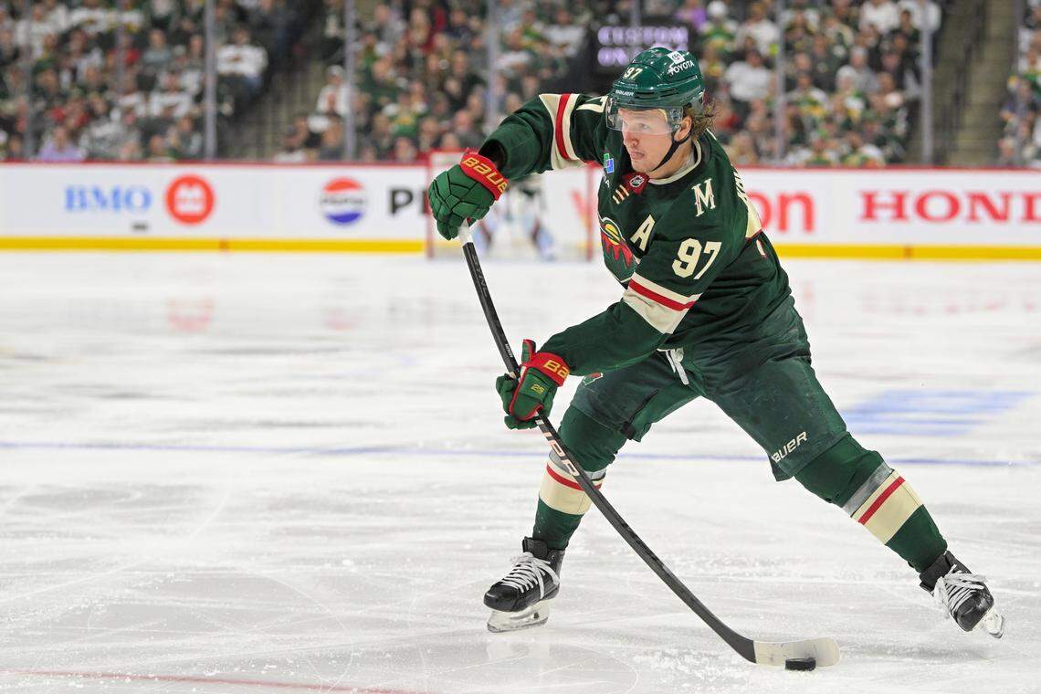 Minnesota Wild forward Kirill Kaprizov (97) takes a shot on goal against the Vegas Golden Knights during the second period in game six of the first round of the 2025 Stanley Cup Playoffs at Xcel Energy Center. 