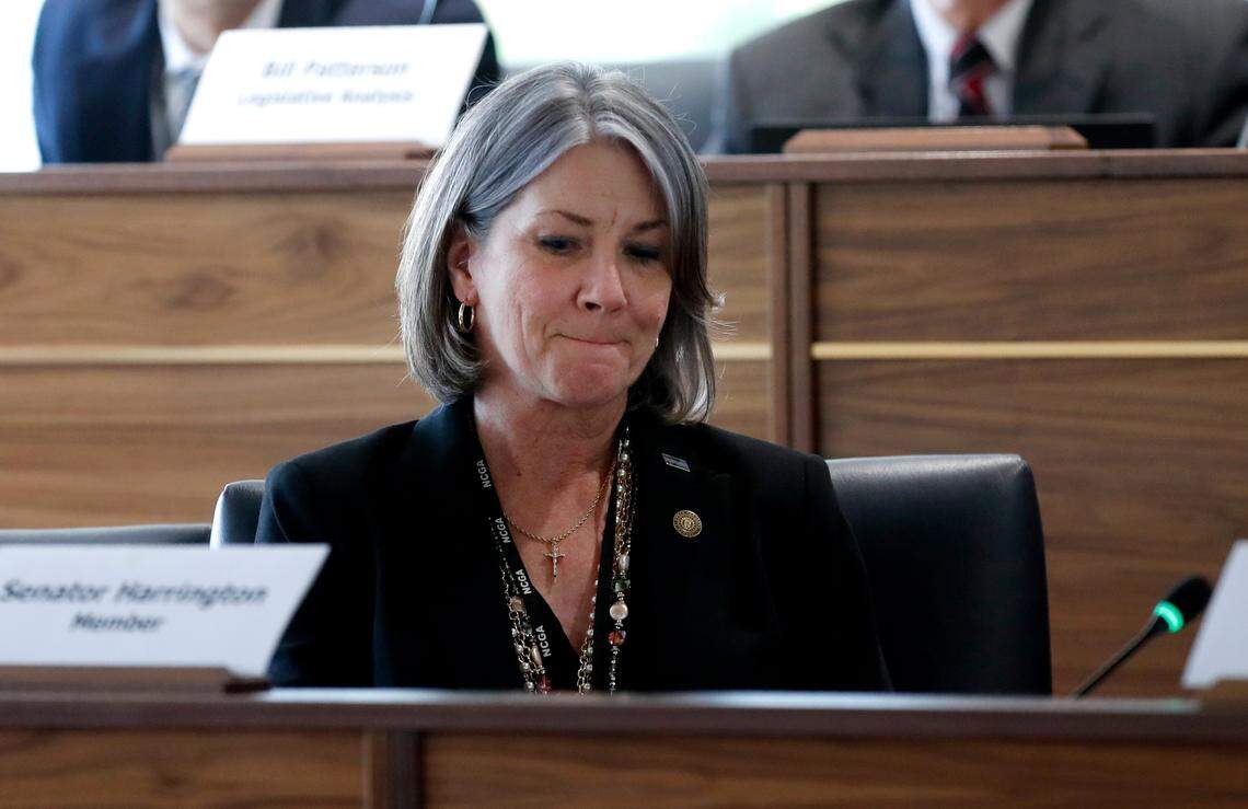 Sen. Kathy Harrington reacts after speaking about her husband’s cancer diagnosis and her support for Senate Bill 711, the N.C. Compassionate Care Act, which would legalize medical marijuana in North Carolina.