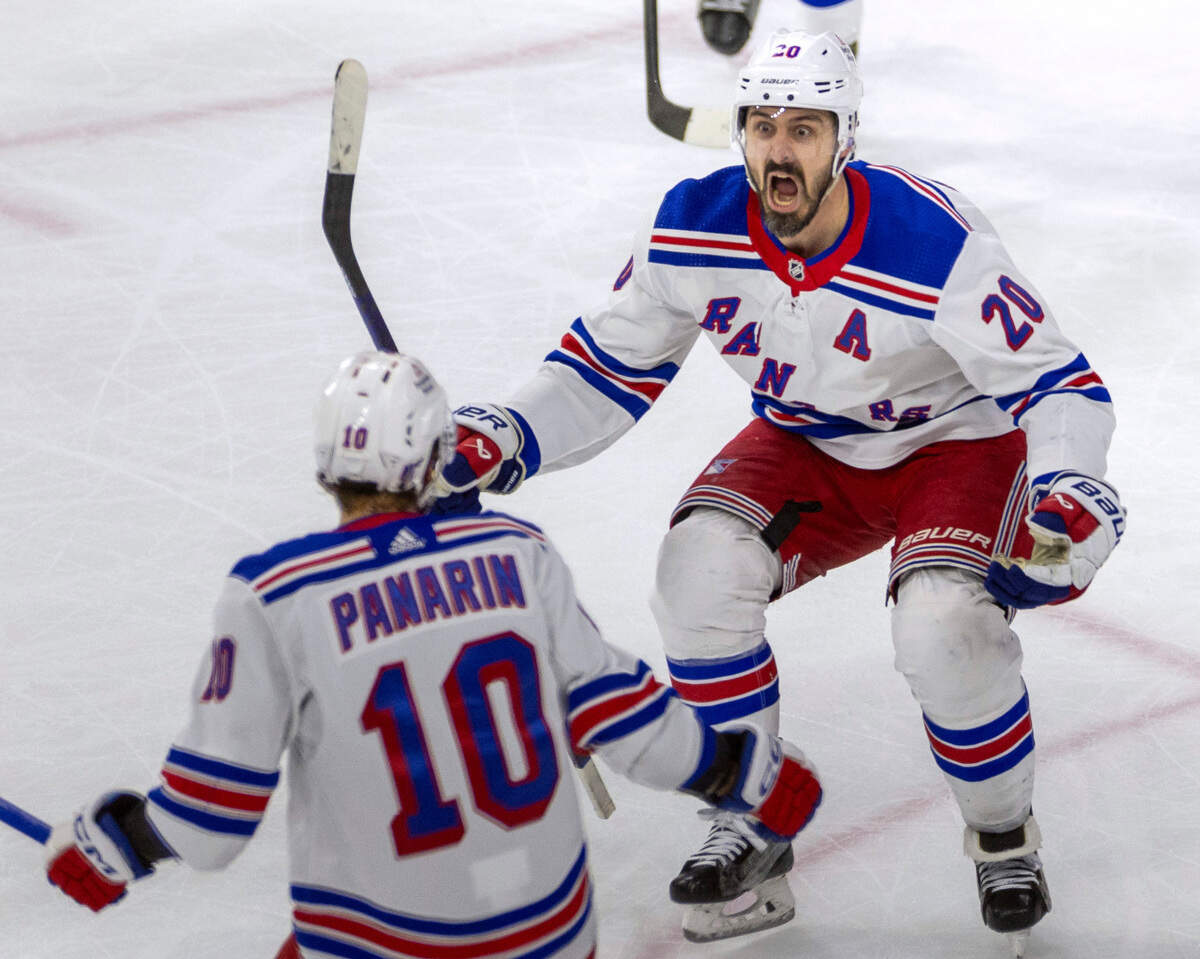 New York Rangers left wing Chris Kreider (20) celebrates after scoring to tie the game 3-3 in the third period against the Carolina Hurricanes during Game 6 in the second round of the 2024 Stanley Cup playoffs on Thursday, May 16, 2024 at PNC Arena in Raleigh N.C. Kreider scored three goals in the third period leading the Rangers to a 5-3 victory and clinching the series against the Hurricanes.