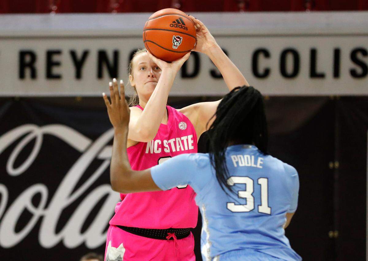 N.C. State’s Elissa Cunane (33) shoots as North Carolina’s Anya Poole (31) defends during the first half of N.C. State’s game against UNC in the annual Play4Kay game at Reynolds Coliseum in Raleigh, N.C., Sunday, February 21, 2021.