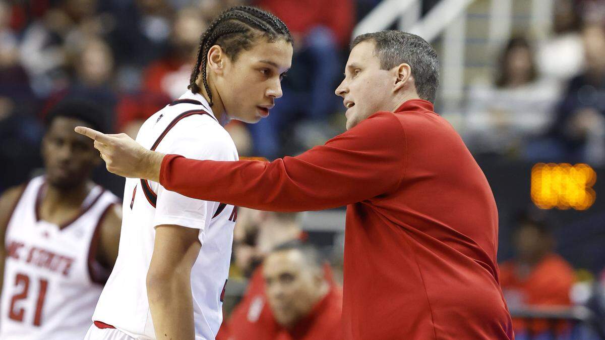 N.C. State head coach Will Wade talks with Matt Able (3) during the first half of N.C. State’s exhibition game against South Carolina at the First Horizon Coliseum in Greensboro, N.C., Sunday Oct. 26, 2025.