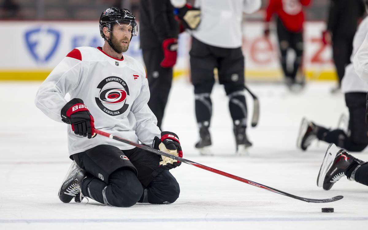 Defenseman Jacoob Slavin (74), stretches during the Carolina Hurricanes’ practice on Friday, May 15, 2026 at Lenovo Center in Raleigh, N.C