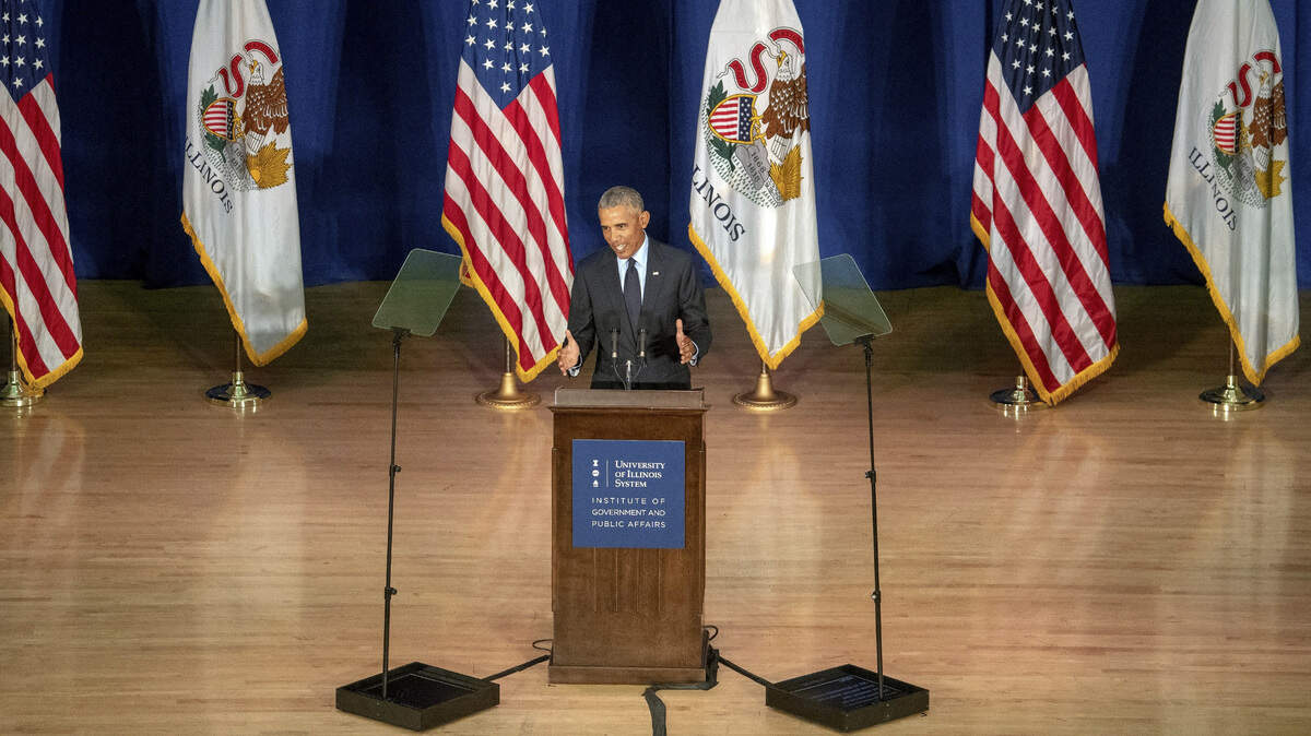 Former President Barack Obama speaks in Foellinger Auditorium on the University of Illinois campus in Urbana, Ill., on Friday, Sept. 7, 2018. Obama  received a medal for the Paul H. Douglas Award for Ethics in Government at a private ceremony following the speech.