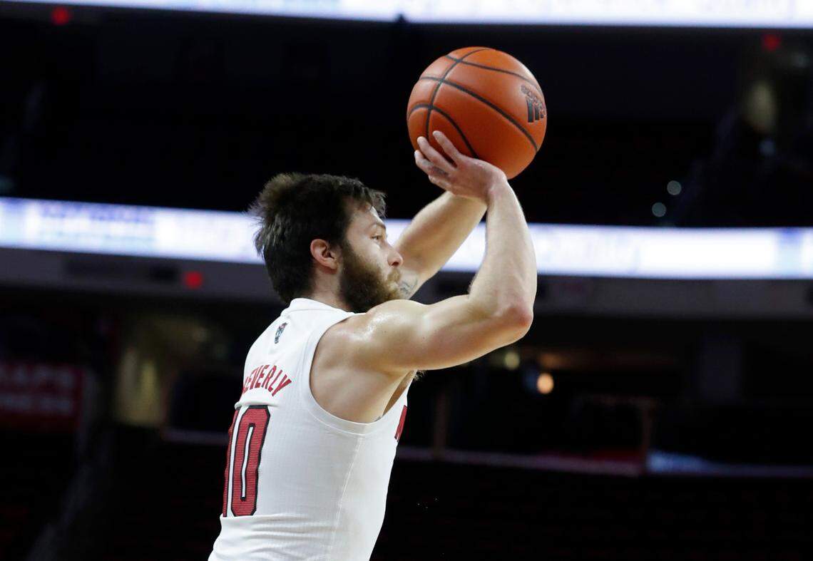 N.C. State’s Braxton Beverly (10) shoots during the second half of N.C. State’s 79-76 victory over Boston College at PNC Arena in Raleigh, N.C., Wednesday, December 30, 2020.