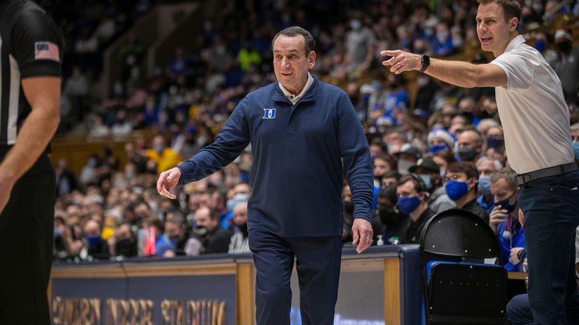 Duke coach Mike Krzyzewski and assistant coach Jon Scheyer question a call by the official during the second half against Appalachian State on Wednesday, Thursday 16, 2021 at Cameron Indoor Stadium in Durham, N.C.