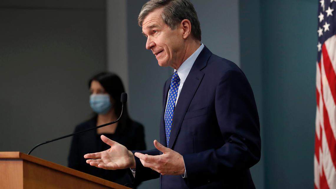N.C. Gov. Roy Cooper speaks during a briefing at the Emergency Operations Center in Raleigh, N.C., Wednesday, February 24, 2021.