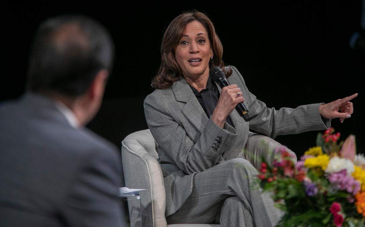 Vice President Kamala Harris speaks during a panel discussion on small businesses in the Fletcher Theatre at the Duke Energy Performing Arts on Monday, January 30, 2023 in Raleigh, N.C.