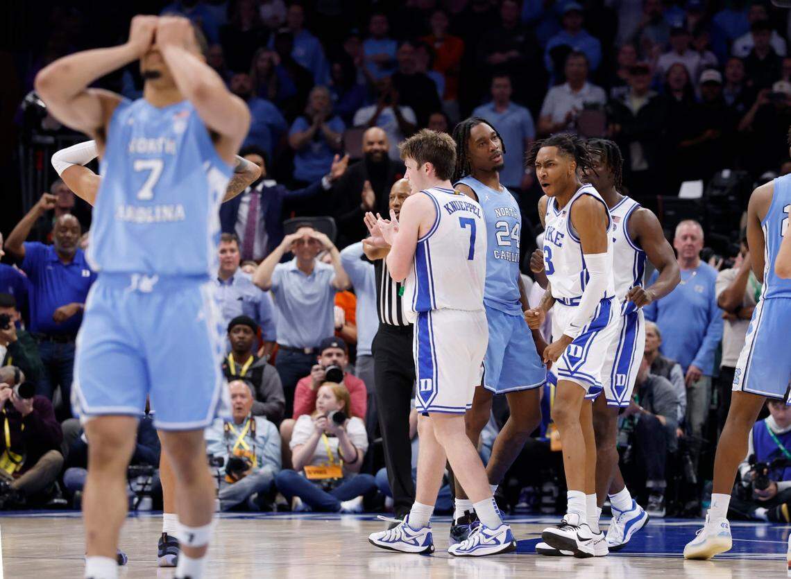 Duke’s Isaiah Evans (3) celebrates after North Carolina’s Jae’Lyn Withers (24) was called for a lane violation with four seconds left in Duke’s 74-71 victory over UNC in the semifinals of the 2025 ACC Men’s Basketball Tournament at the Spectrum Center in Charlotte, N.C., Friday, March 14, 2025.