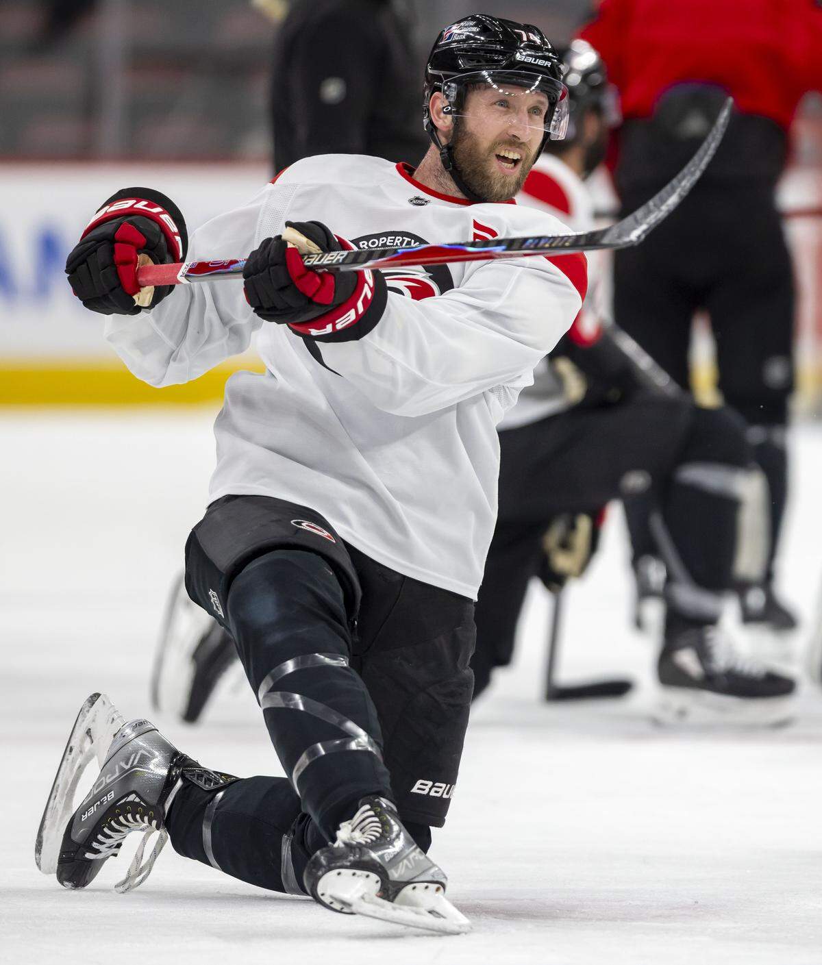 Carolina Hurricanes defenseman Jacoob Slavin (74) fires a shot on goal from center ice, during practice on Friday, May 15, 2026 at Lenovo Center in Raleigh, N.C.