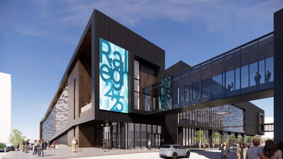 A rendering of the southeast corner of the planned  Raleigh Convention Center expansion as seen from the intersection of McDowell and Lenoir Streets.
