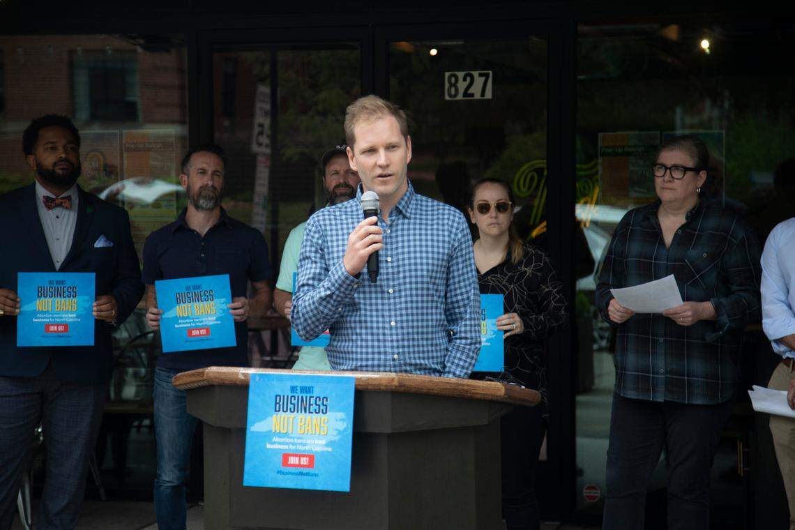 David Meeker, co-owner of Trophy Brewing, speaks Monday, May 15, 2023 during a press conference organized by Triangle business leaders who urged the the General Assembly to abandon its push for an abortion restriction bill.