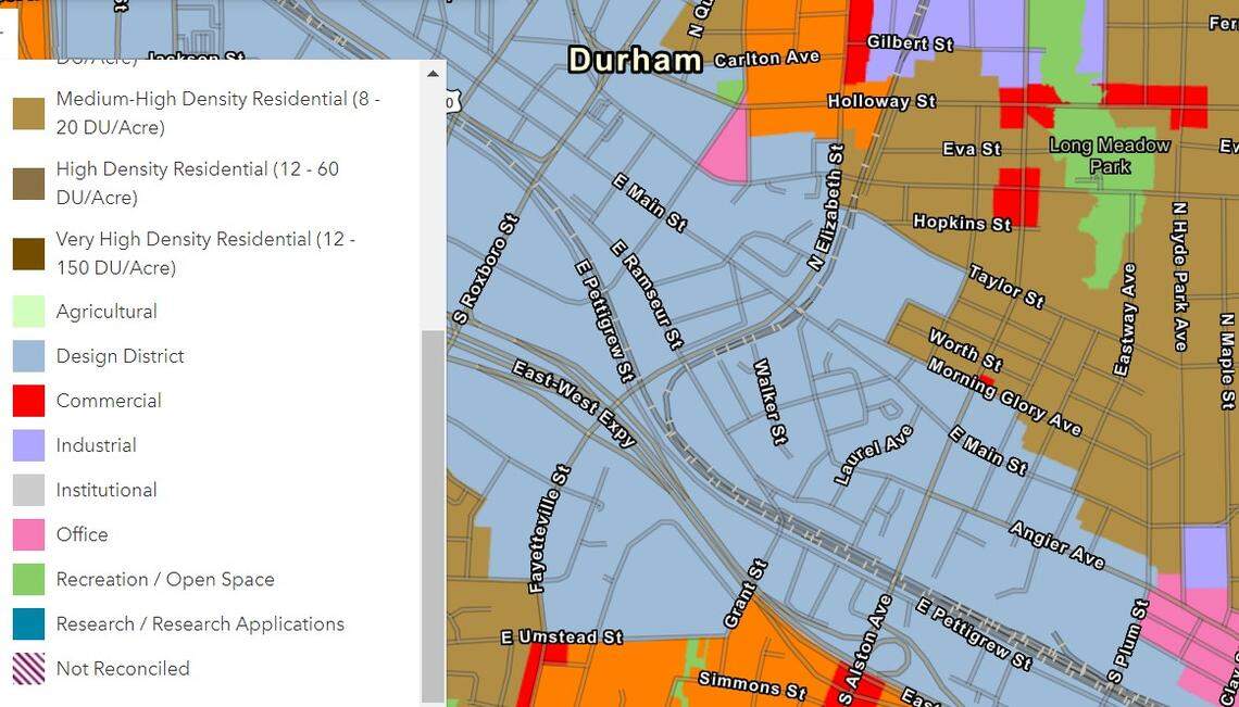 The Future Land Use Map of Durham recommends for land on East Pettigrew Street, home of the current Durham Green Flea Market, to allow for higher density building of mixed-use housing.