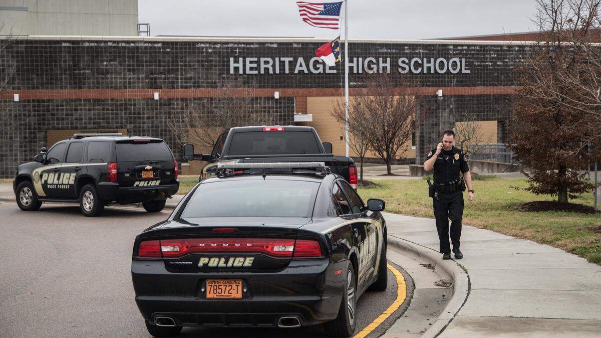 Police were at Heritage High School in Wake Forest, N.C., in response to a threat in this 2018 file photo. A juvenile from Louisiana was charged by police with making bomb threats on Nov. 8 and Nov. 13, 2023 that led to Heritage High being evacuated.