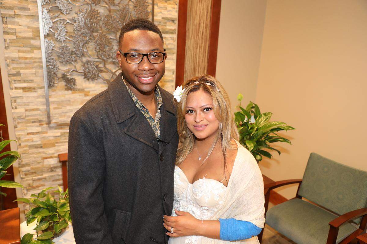 Jason Thedford (left) and Vicky Abarca Zacatula (right) were scheduled to marry at Lake Johnson Friday, Feb. 4 2022, but plans changed when she was admitted to the hospital a week ago. UNC Rex staff helped the couple make it a special day after all.