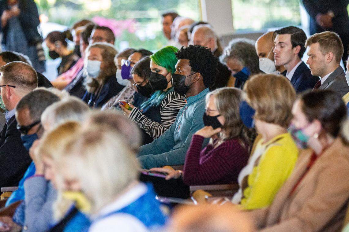 Several dozen members of the public wait to address state lawmakers during a public comment hearing on Senate and House legislative redistricting maps Monday, Oct. 15, 2021 at the Legislative Building in Raleigh.