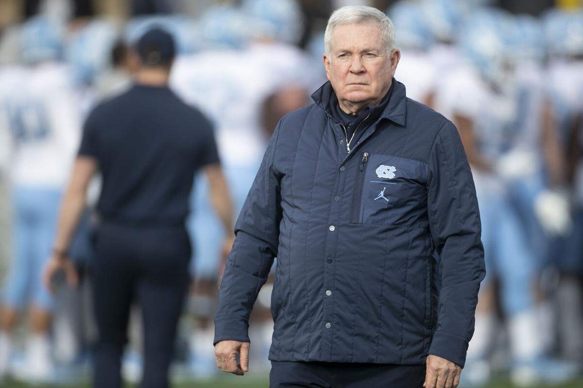 North Carolina coach Mack Brown watches his team during pre-game warm ups prior to their game against Temple in the Military Bowl on Friday, November 27, 2019 at Navy-Marine Corps Memorial Stadium in Annapolis, Maryland.