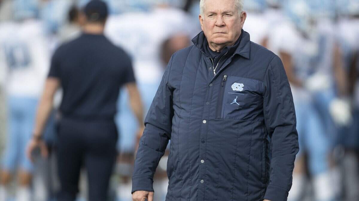 North Carolina coach Mack Brown watches his team during pre-game warm ups prior to their game against Temple in the Military Bowl on Friday, November 27, 2019 at Navy-Marine Corps Memorial Stadium in Annapolis, Maryland.