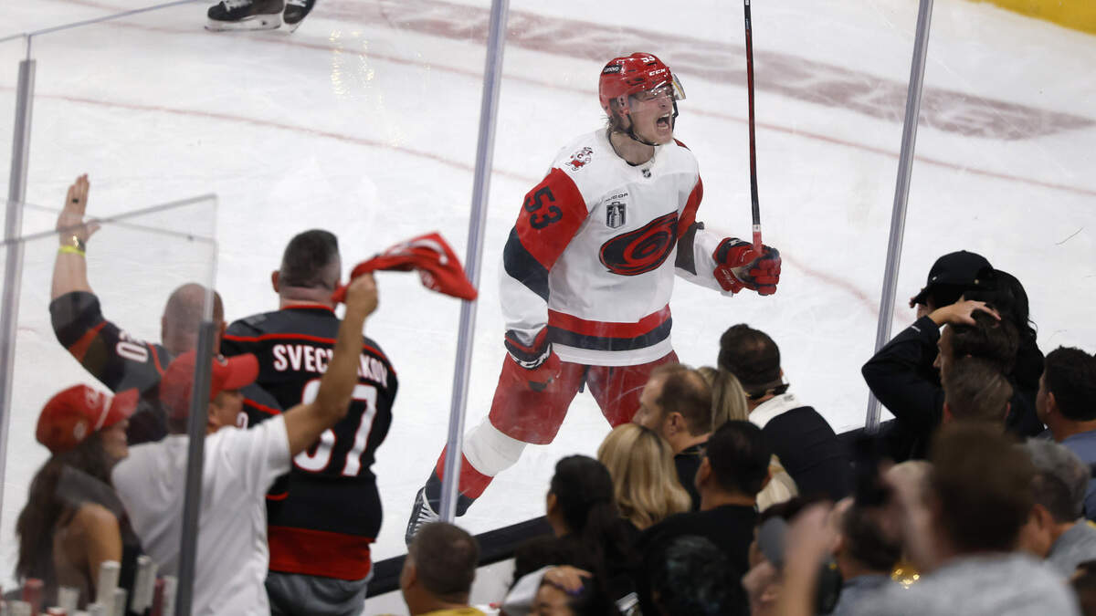 Carolina's Jackson Blake (53) reacts after scoring in the second period of the Hurricanes’ game against the Golden Knights in Game 6 of the Stanley Cup Final at T-Mobile Arena in Las Vegas, Nev., Sunday, June 14, 2026.