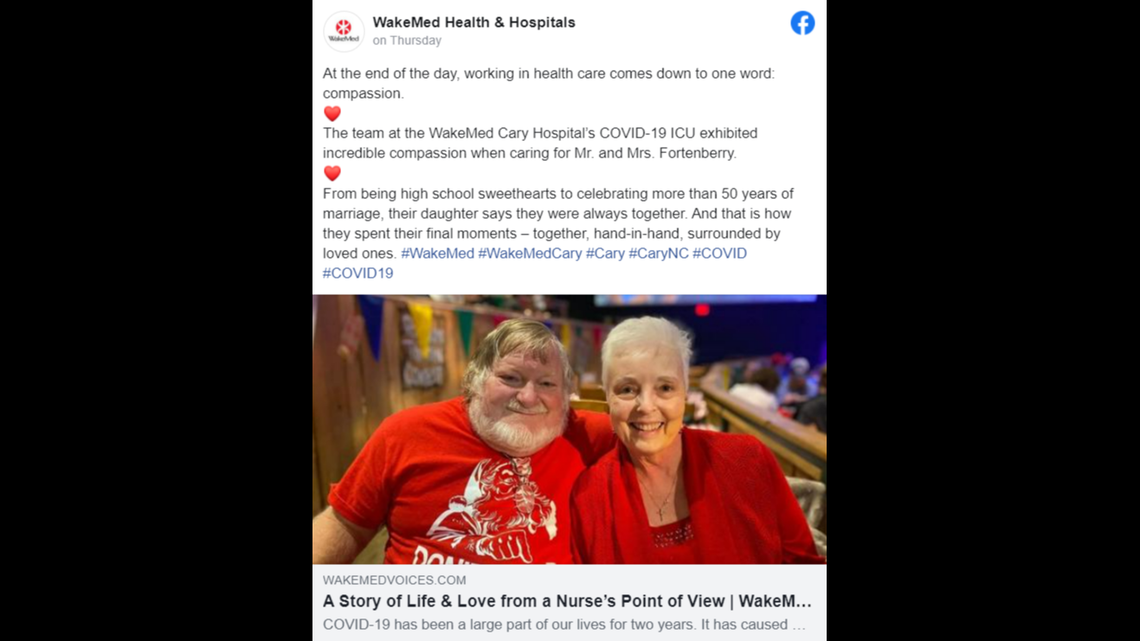 A couple married for decades spent some of their final moments next to each other in North Carolina, officials said.