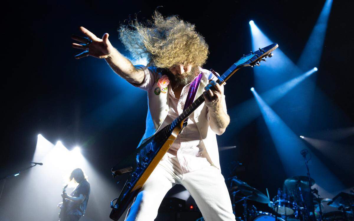 Jim James holds forth with My Morning Jacket as they play Raleigh, N.C.’s Coastal Credit Union Music Park at Walnut Creek, Saturday night, Sept. 28, 2024.