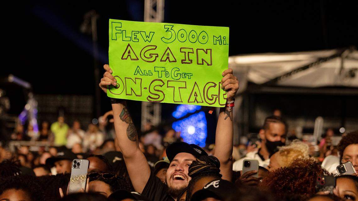 A fan holds up a sign during Ari Lennox’s set at the Dreamville Festival in Raleigh, N.C., Saturday, April 1, 2023.