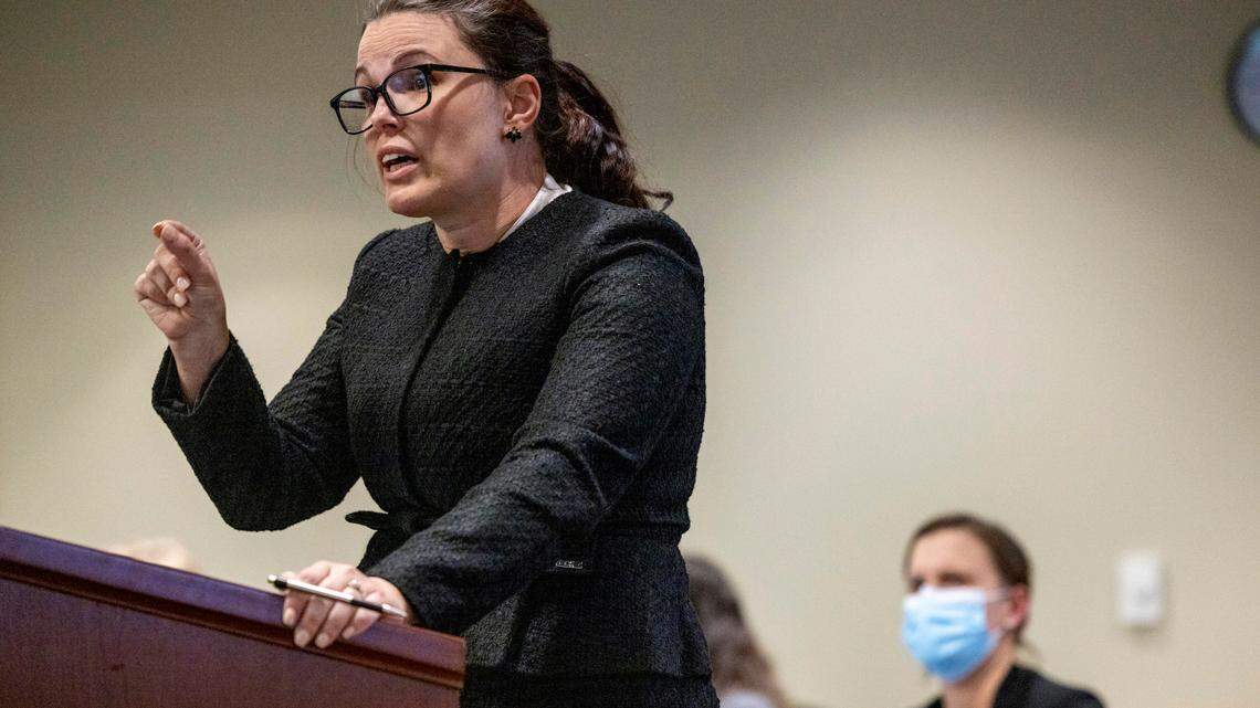 Allison Riggs, an attorney for some of the liberal challengers seeking to have North Carolina’s new political maps ruled unconstitutional, questions Rep. Destin Hall , a top Republican redistricting official, not pictured, during a partisan gerrymandering trial Wednesday, Jan. 5, 2022 at Campbell University School of Law in Raleigh, NC.