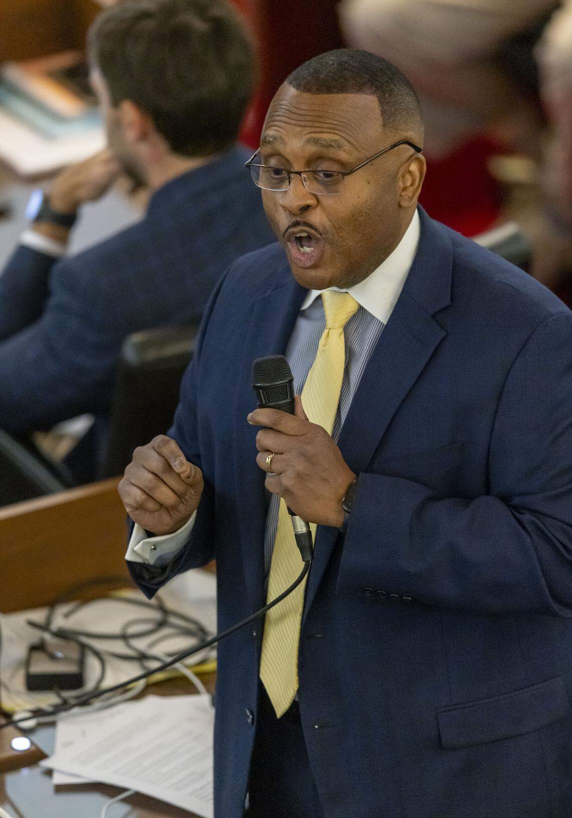 N.C. House Democratic Leader Rep. Robert Reives, gives an impassioned plea to vote against Senate Bill 249, before being cut off by House Speaker Destin Hall, after surpassing his eight minute limit to speak, on Wednesday, October 22, 2025 at the General Assembly in Raleigh, N.C.