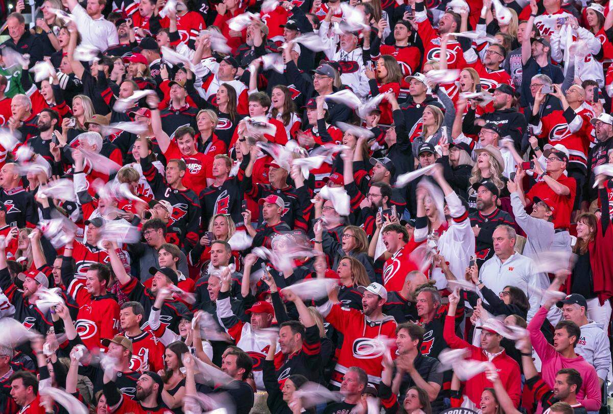 Carolina Hurricanes fans welcome the team to the ice for Game 2 of the Stanley Cup Final against Vegas, on Thursday, June 4, 2026 at Lenovo Center in Raleigh, N.C. 