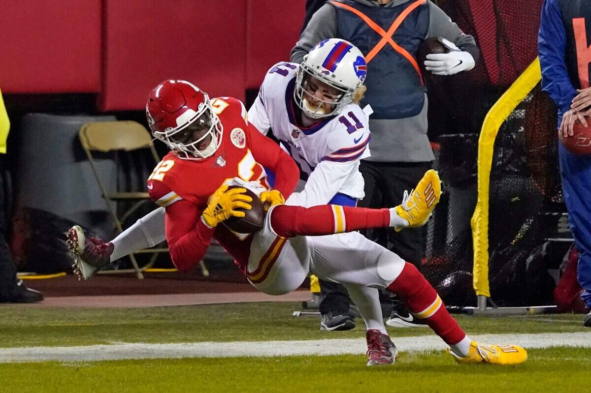 Kansas City Chiefs safety Juan Thornhill (22) breaks up a pass intended for Buffalo Bills wide receiver Cole Beasley (11) during the first half of the AFC championship NFL football game, Sunday, Jan. 24, 2021, in Kansas City, Mo.