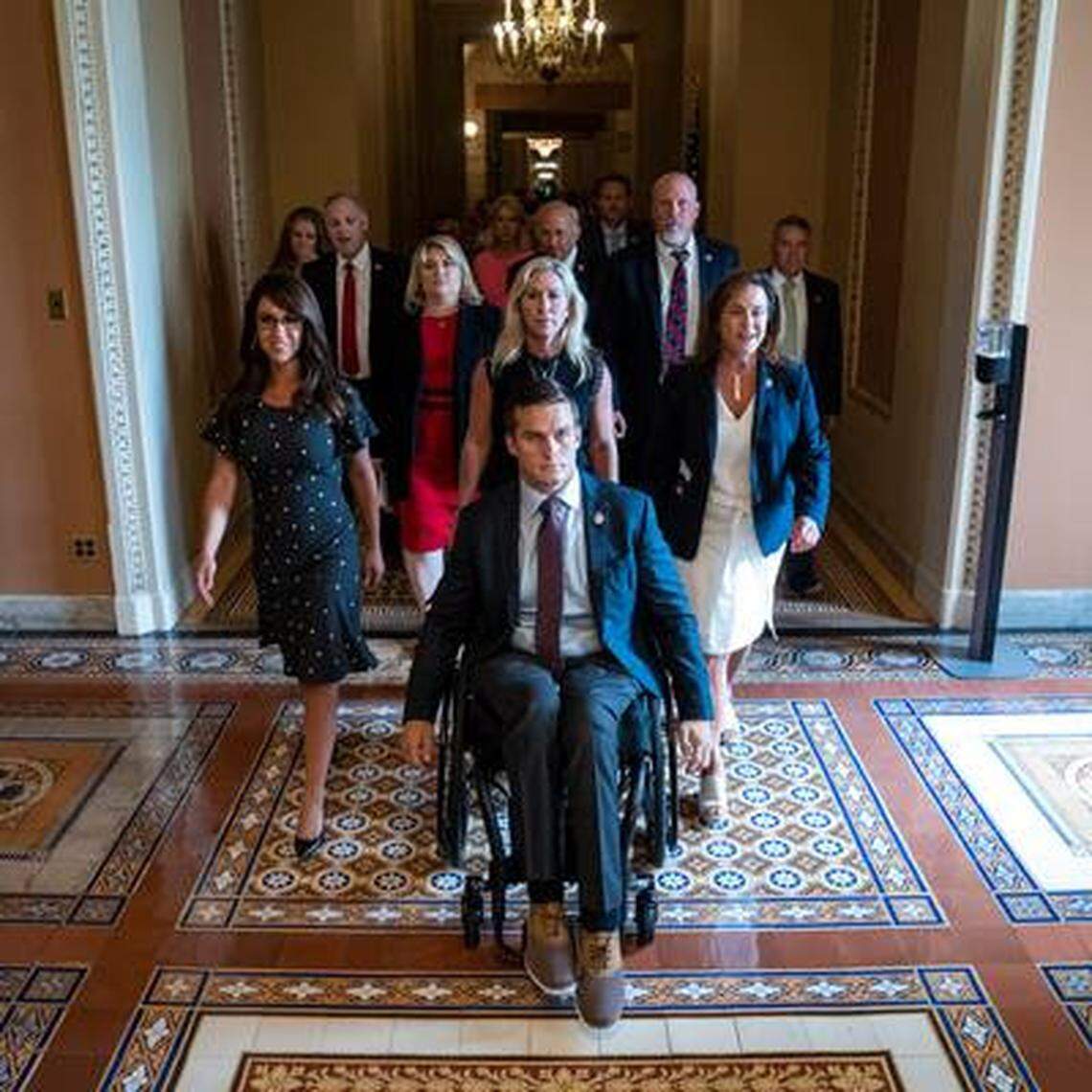 Several Republican members of the House have applauded the efforts to bring more pragmatists into power, in contrast to the more disruptive tactics of the House Freedom Caucus, seen above going to the Senate chamber to oppose mask rules in July 2021.