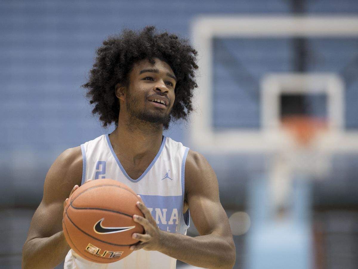North Carolina’s Coby White (2) shoots during the Tar Heels’ practice on Tuesday, October 9, 2018 at the Smith Center in Chapel Hill, N.C.