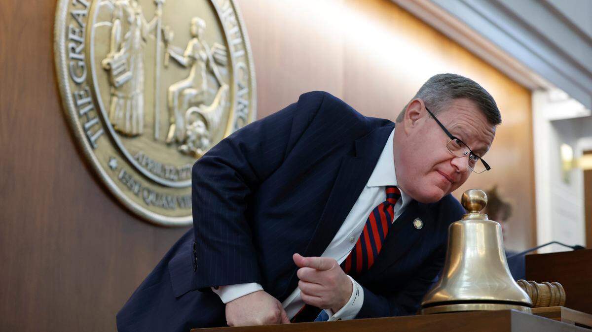 Speaker of the House Tim Moore talks to lawmakers, staff and visitors after the opening session of the N.C. House of Representatives Wednesday, Jan. 11, 2023.