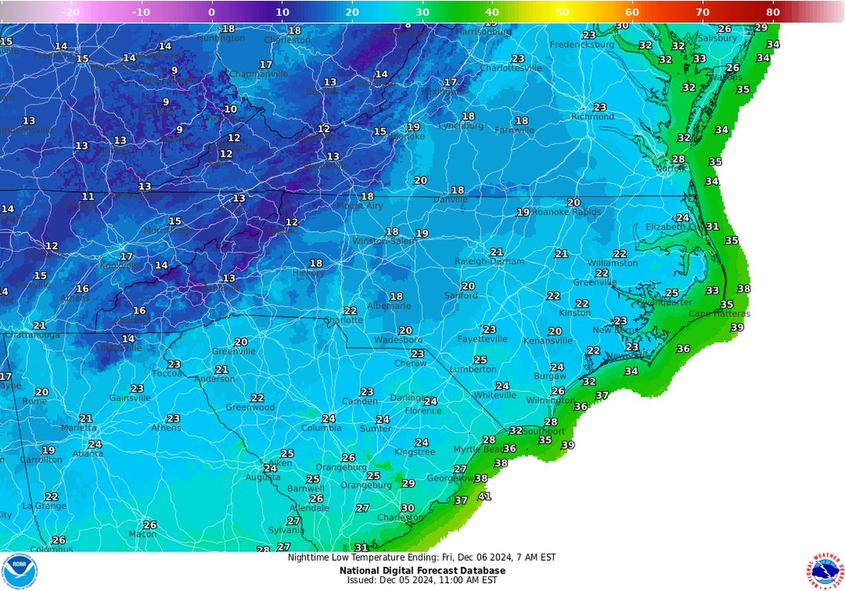Central North Carolina will see our coldest weather since January on Thursday and Friday nights, when temperatures will drop as low as the teens and the wind will make it feel even chillier. This map shows temperatures expected overnight Thursday, Dec. 5.