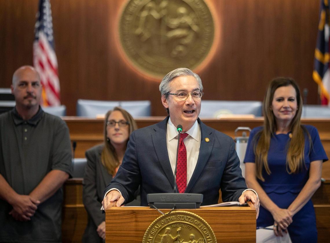 Senator Michael Lee speaks in support of the ‘Choose Your School, Choose Your Future Act’ during a press briefing on Wednesday, April 26, 2023 at the General Assembly in Raleigh, N.C.