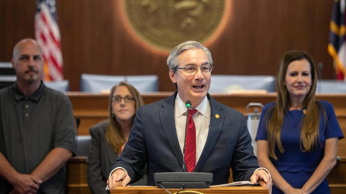 Senator Michael Lee speaks in support of the ‘Choose Your School, Choose Your Future Act’ during a press briefing on Wednesday, April 26, 2023 at the General Assembly in Raleigh, N.C.