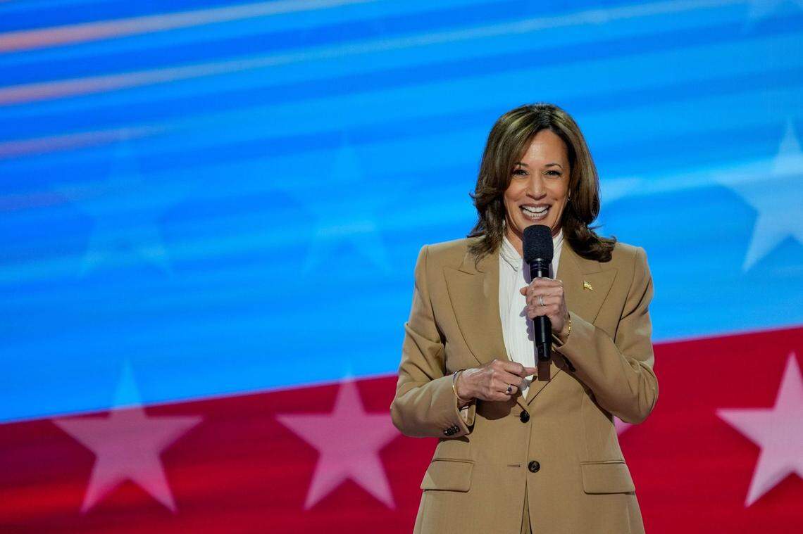 Aug 19, 2024; Chicago, IL, USA; Vice President Kamala Harris takes the stage during the first day of the Democratic National Convention at the United Center. The DNC program will feature President Joe Biden and Former Secretary of State Hillary Clinton during Monday's ceremonies. Mandatory Credit: Jasper Colt-USA TODAY