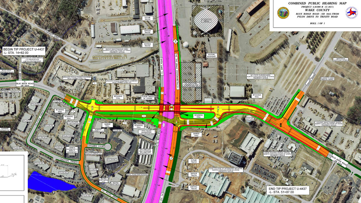 A preliminary drawing of how the underpass would work. Blue Ridge Road in yellow would go under Hillsborough and Beryl streets in orange and the railroad tracks between them. Hillsborough and Blue Ridge will be connected by a ramp in the lower right-hand corner.