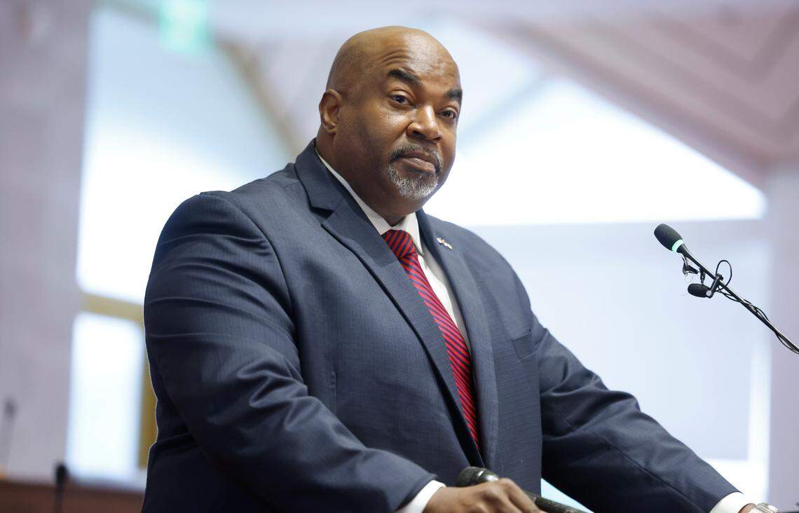 Lt. Gov. Mark Robinson speaks during a press conference at the Legislative Building in Raleigh, N.C., Thursday, Oct. 12, 2023.