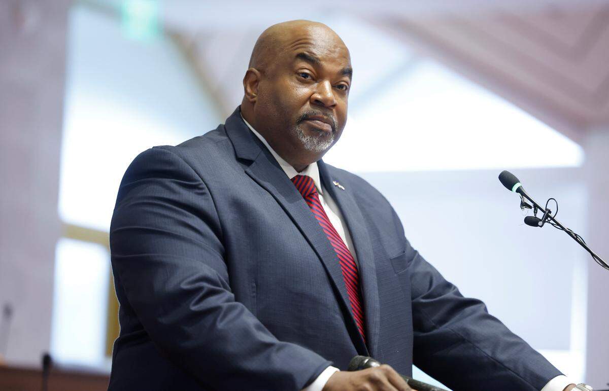 Lt. Gov. Mark Robinson speaks during a press conference at the Legislative Building in Raleigh, N.C., Thursday, Oct. 12, 2023.