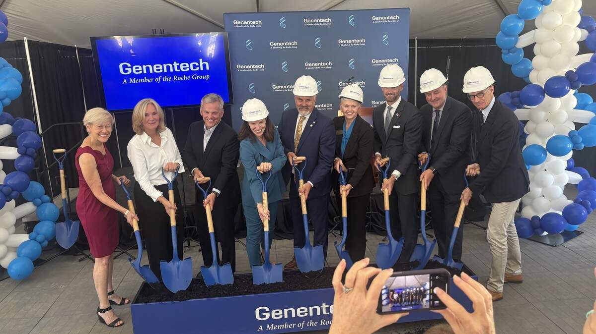 North Carolina elected officials, economic leaders and Roche executives join for a photo op at the groundbreaking ceremony of Genentech’s planned weight-loss drug plant in Holly Springs, NC, on Aug. 25, 2025.