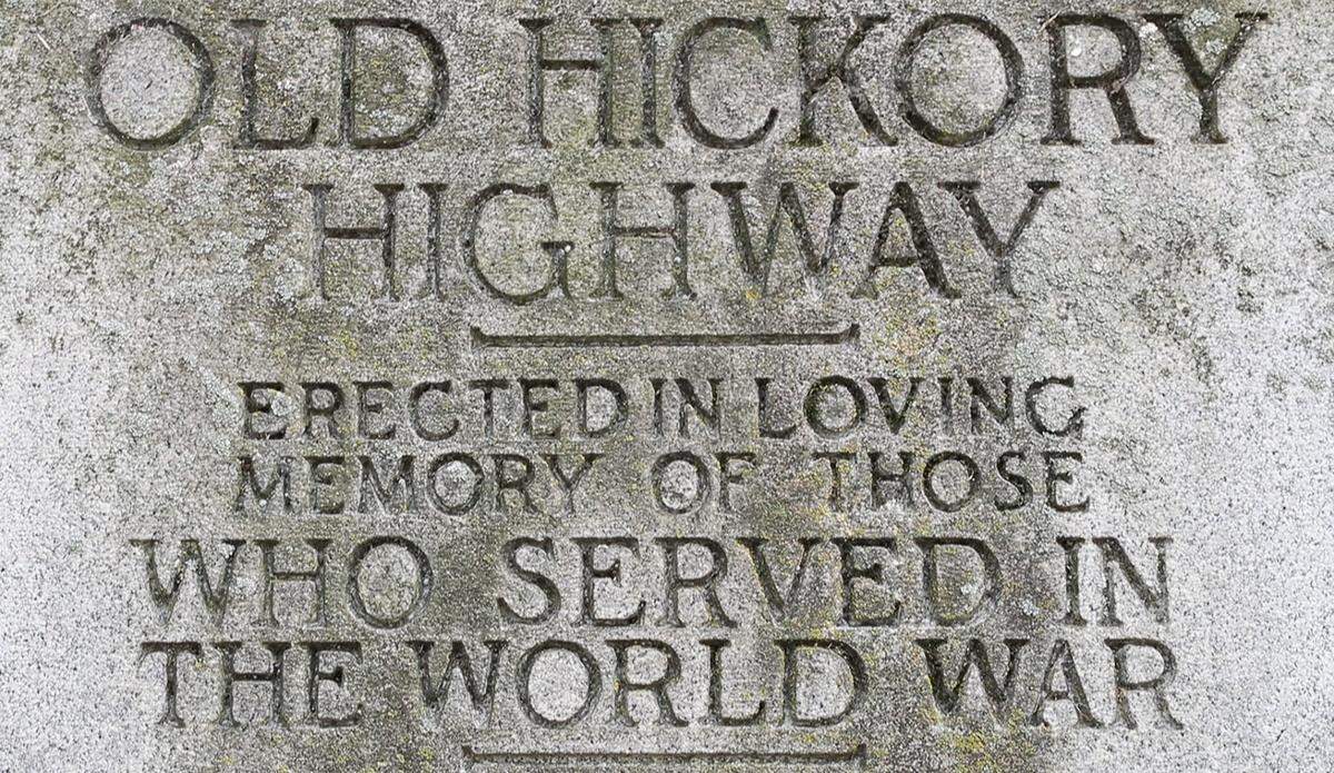 A stone block facing Edenton Street, inscribed ÒOld Hickory HighwayÓ in loving memory of those who served in the Great War. Made of granite and dedicated in 1930, it was sponsored by War Mothers of North Carolina. According to NCPedia, the monument is to the U.S. Army 30th Division during World War I, which was nicknamed ÒOld HickoryÓ in honor of Andrew Jackson. The monument also dedicated the old NC Highway 10 to the 30th Division.