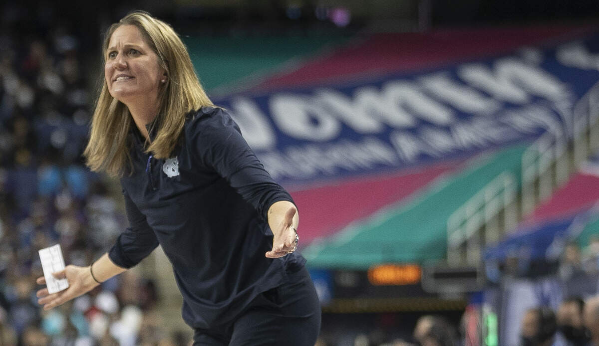 North Carolina coach Courtney Banghart reacts to a call against her team in the second half against Virginia Tech during the quarterfinal of the ACC Women’s Tournament on Friday, March 4, 2022 at the Greensboro Coliseum in Greensboro, N.C.