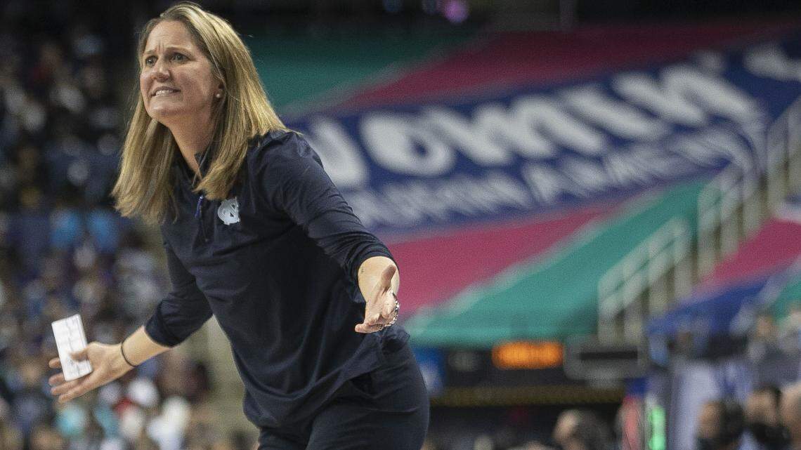 North Carolina coach Courtney Banghart reacts to a call against her team in the second half against Virginia Tech during the quarterfinal of the ACC Women’s Tournament on Friday, March 4, 2022 at the Greensboro Coliseum in Greensboro, N.C.