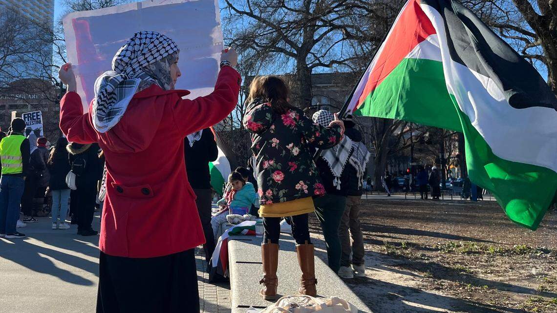 Defying cold, demonstrators again protest Israel-Hamas war in downtown Raleigh