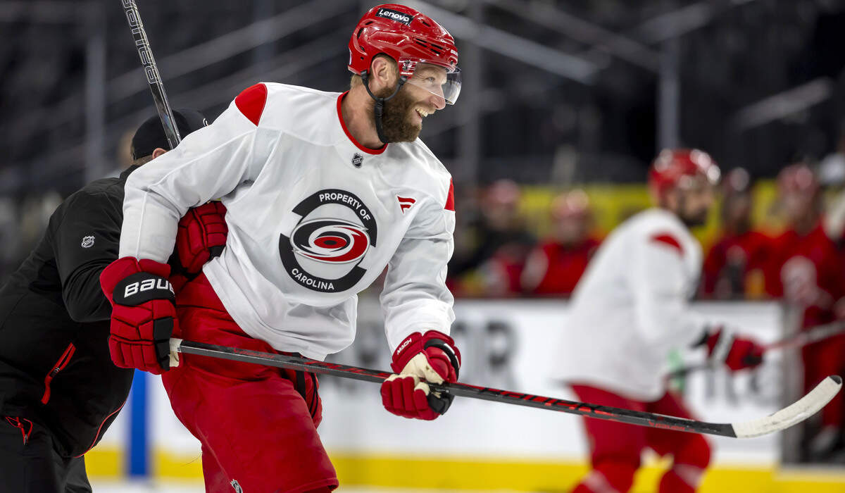 Carolina Hurricanes center Jordan Staal (11) flashes a smile during practice on Monday, June 8, 2026 at T-Mobile Arena in Las Vegas, NV.